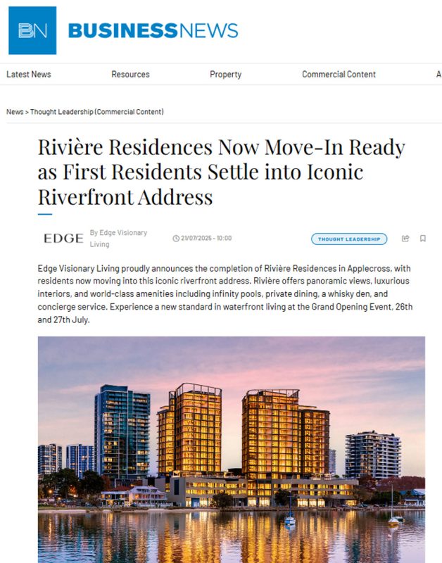 Screenshot of Business News article on Riviere Residences